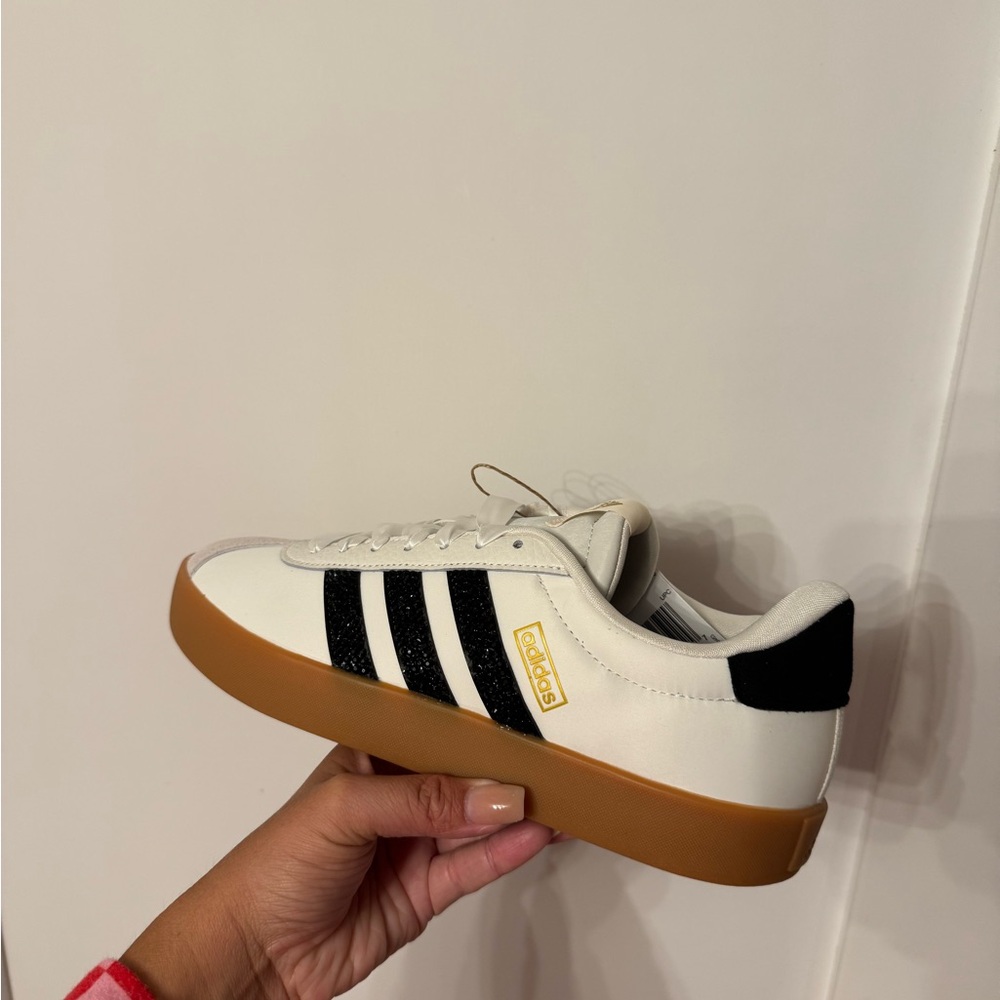 NWT Adidas White and Black Sneakers with Gum Sole and Rhinestone Stripes
